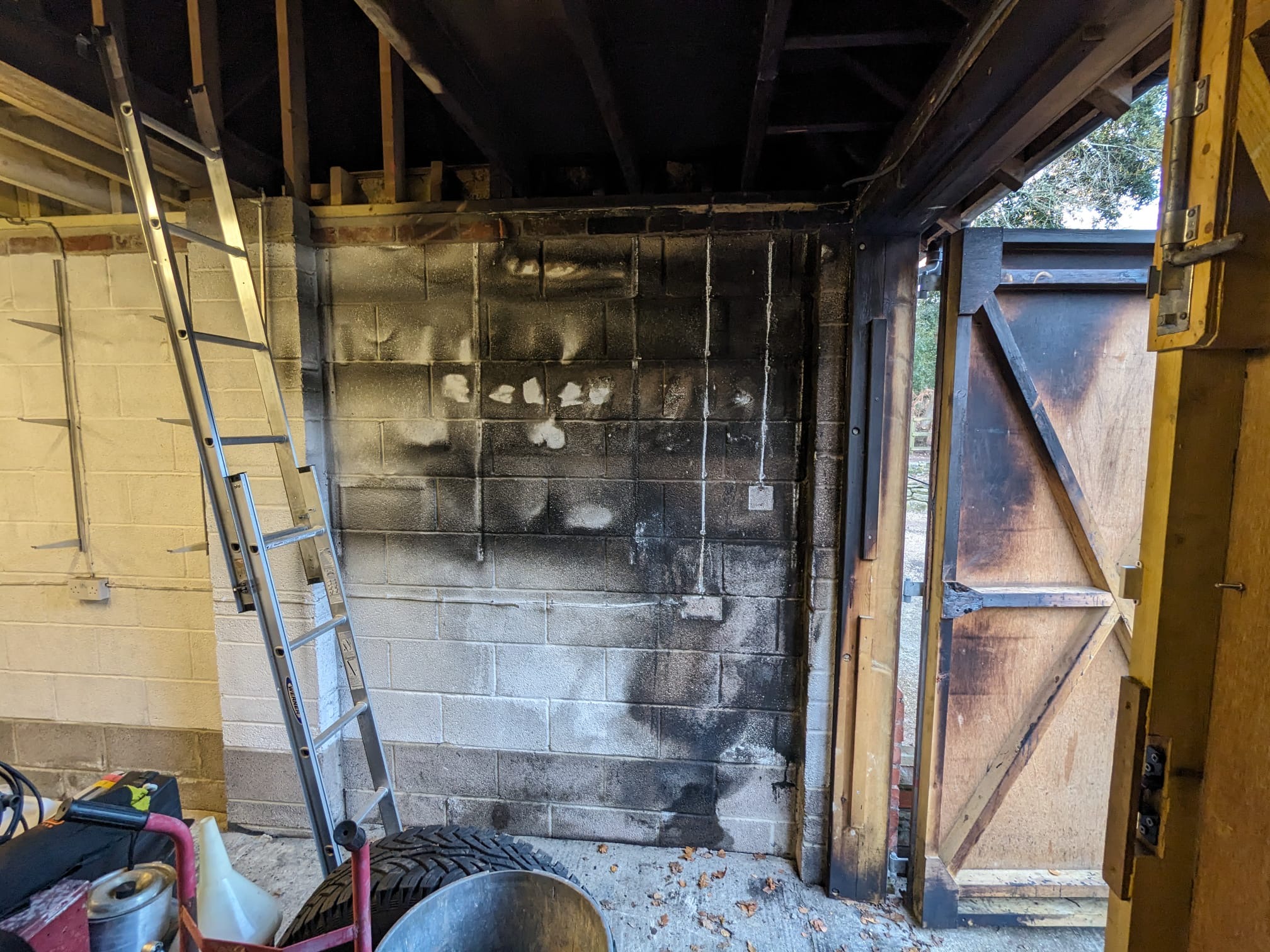 A fire damaged interior prior to dry ice cleaning